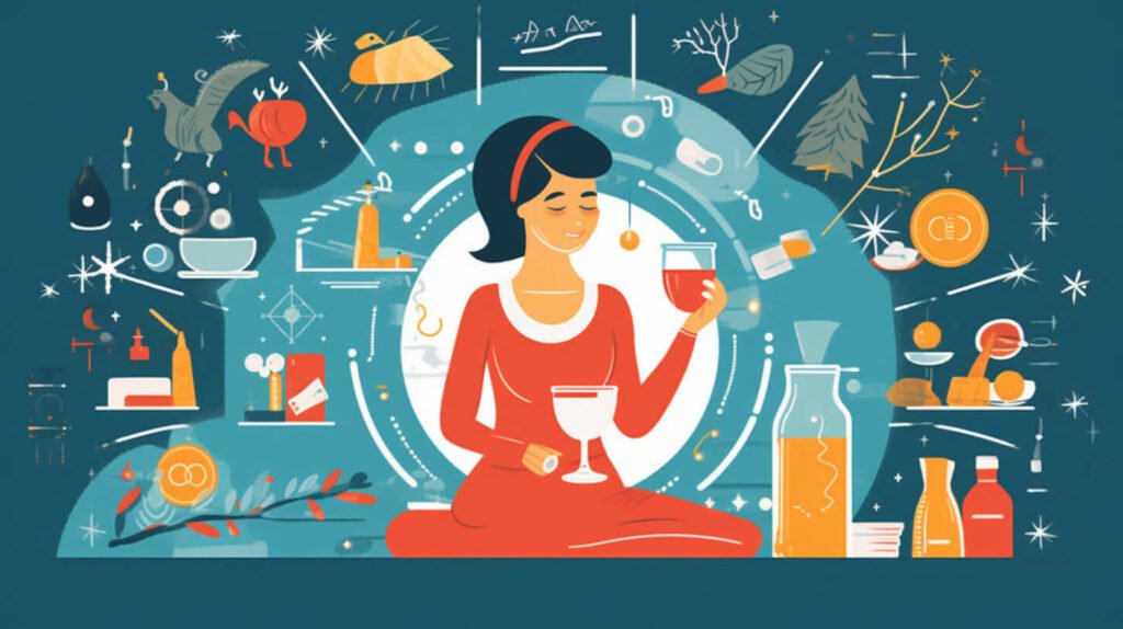 woman sitting in meditation with wine, herbs, cups and other objects, in the style of animated illustrations, science-based, red and orange