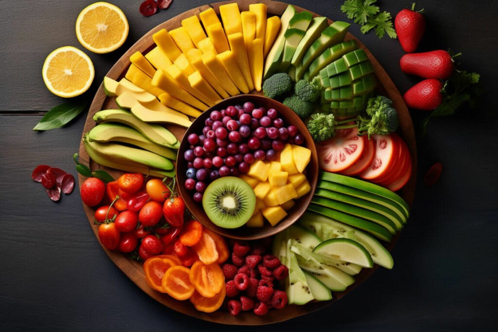 rainbow platter of fruit and vegetables on dark wooden background, in the style of bold colors, strong lines, dark yellow and light green, dark red and light green
