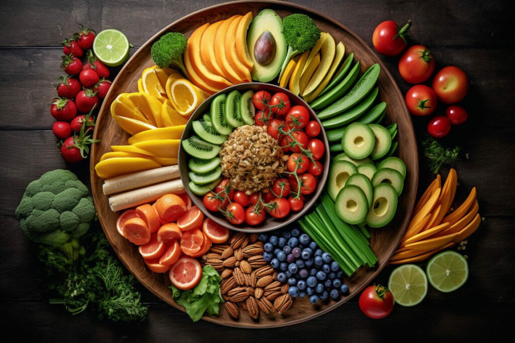 plate of fruits and veggies in different colors sits on a wooden table, in the style of layered textures, shapes, birds-eye-view, precisionist
