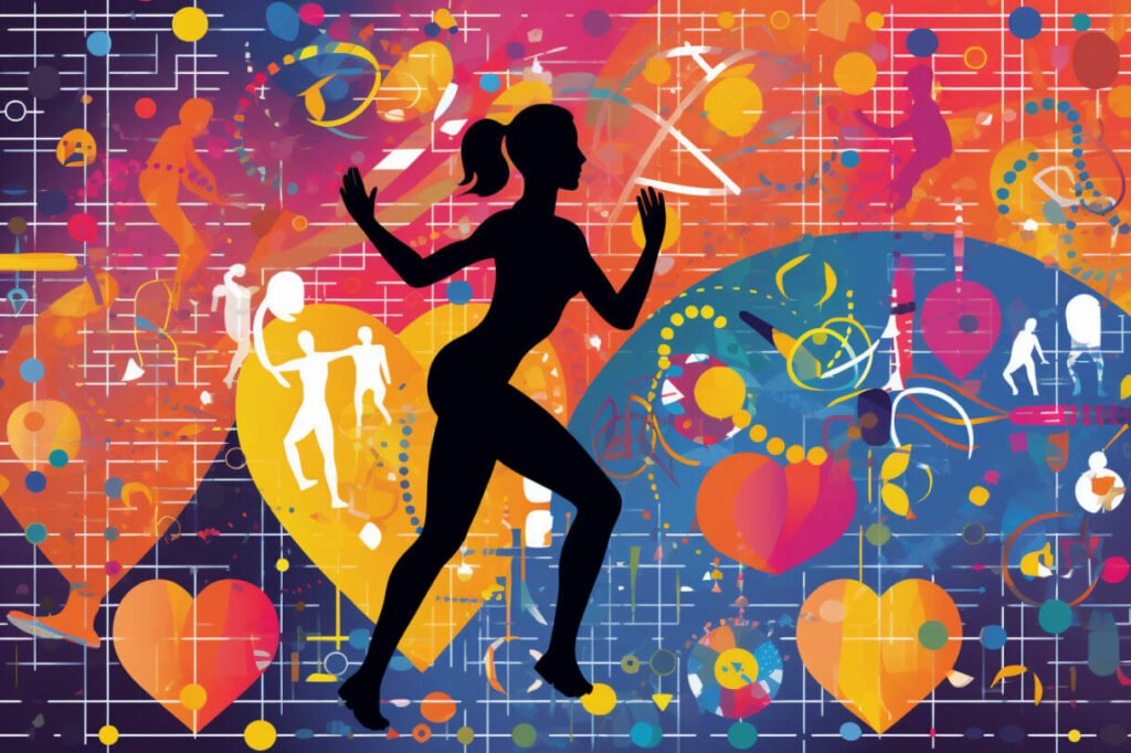 a woman is running in front of an abstract background with circles, hearts and objects in it, in the style of vibrant and lively hues, silhouette figures, abstracted bodies
