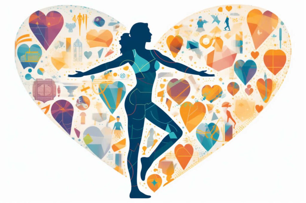  heart illustration with body shape against colorful backgrounds of fitness icons to help your journey to health, in the style of bloomsbury group