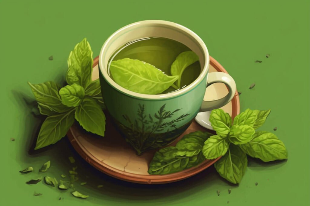 green tea with leaf illustration