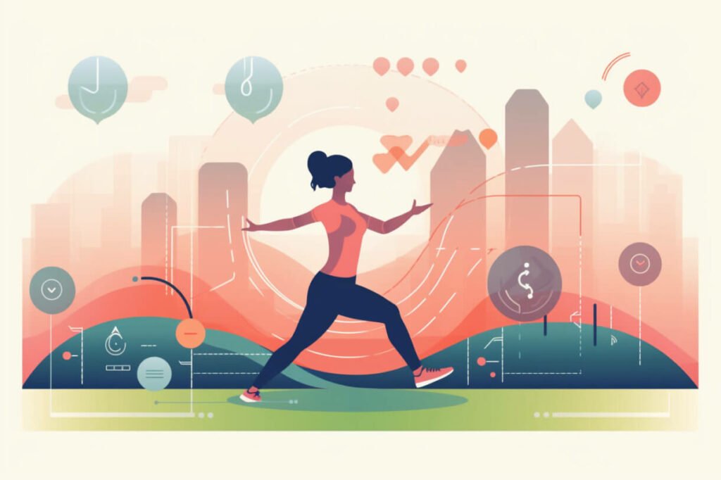 concept illustration about female running in an urban city, in the style of interactive experiences, zen-inspired