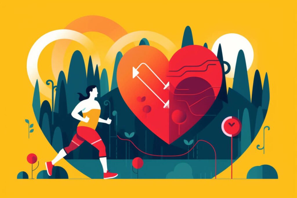 a woman is running in a forest, with a red heart that grows in the background, in the style of bold, graphic shapes, yellow and orange, interactive media