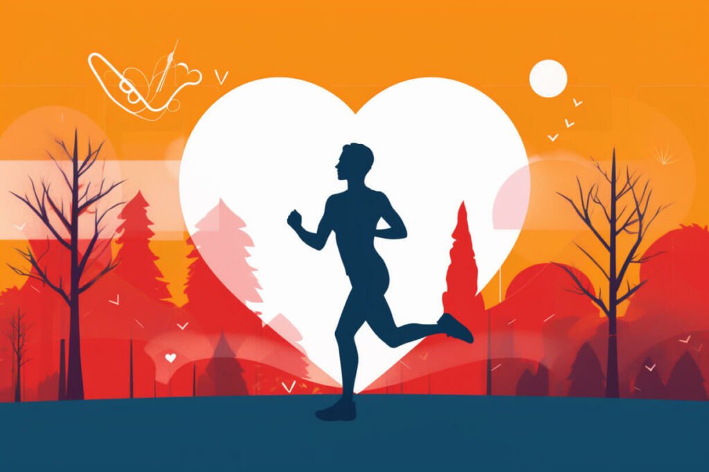 a man jogging with a heart in it, in the style of dark orange and light indigo, romantic illustrations