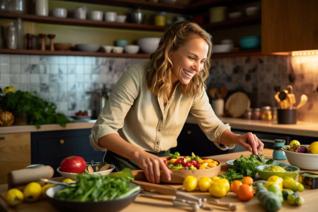 a woman chopping vegetables at a table in the kitchen, in the style of lighthearted, light amber and green, staged photography, smilecore