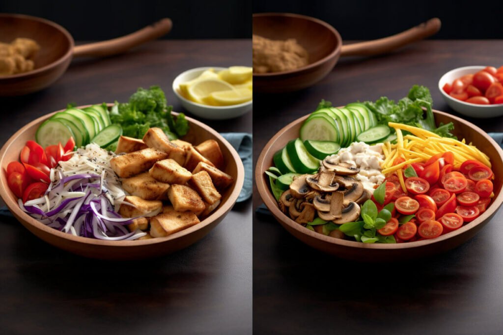 image shows different types of salad food and bowls of seasoned vegetables, in the style of zbrush, contrast-focused photos, mushroomcore, wood, photo taken with provia, grid