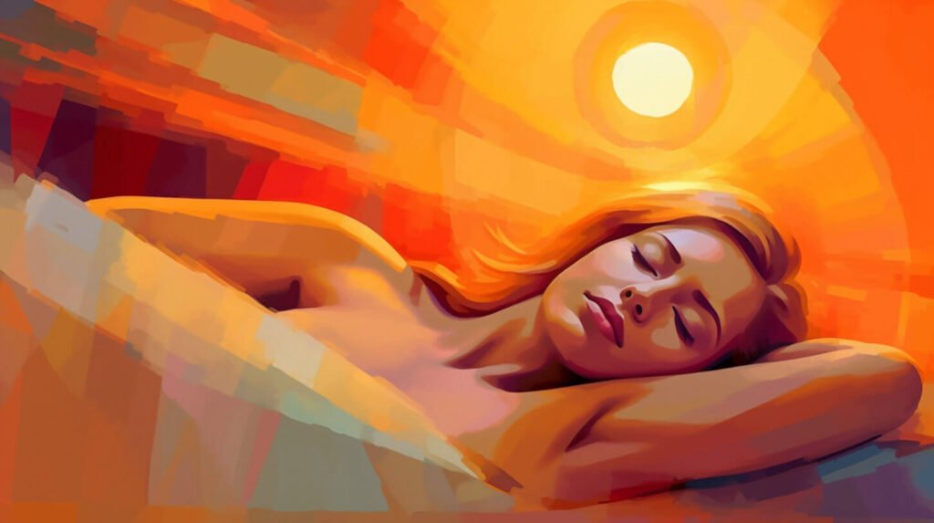 painting of woman asleep in bed with sun behind her, in the style of digital art techniques, vibrant colorscape, portrait paintings, orange, smooth and shiny