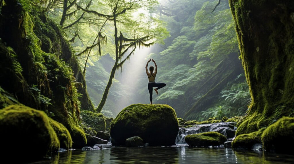 woman practicing yoga on a hillside in a mossy forest, in the style of luminosity of water, photo-realistic landscapes, national geographic photo,